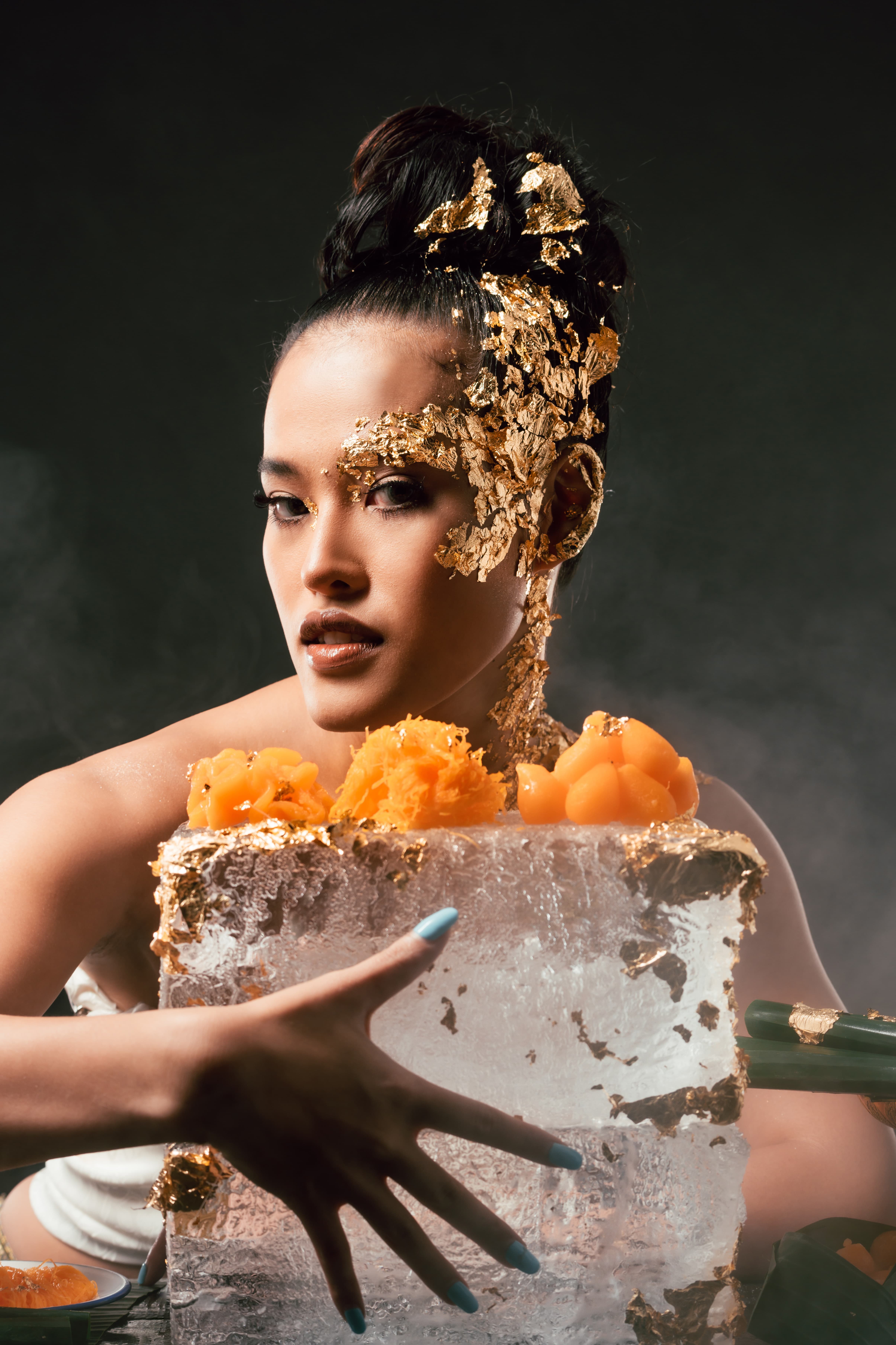 Gold leaf editorial makeup portrait